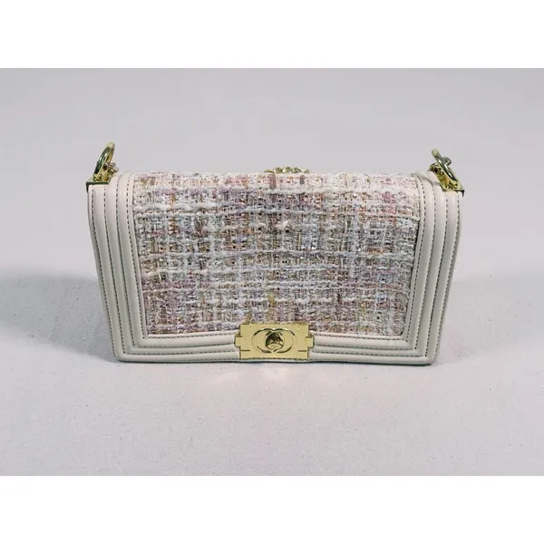 Tweed Boy Chain Shoulder Bag Purse Cream Pink Gold Preppy Old Money Coquette - Image 5