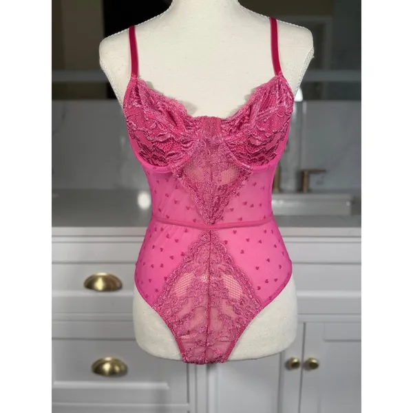 Pink Lace Teddy Bodysuit Womens Large Heart Print Sheer Mesh Underwire Lingerie - Image 2