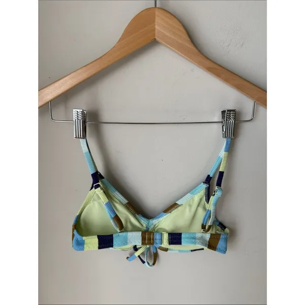 Aerie Ribbed Stripe Scoop Bikini Top XS Blue Green Tie Front Swim Top - Image 2
