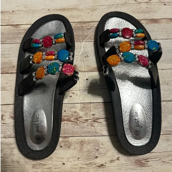 Just Be Sandals Women's Size 9 Bead Stones Multicolor Colorful Boho Slip-On NWOT - Image 3