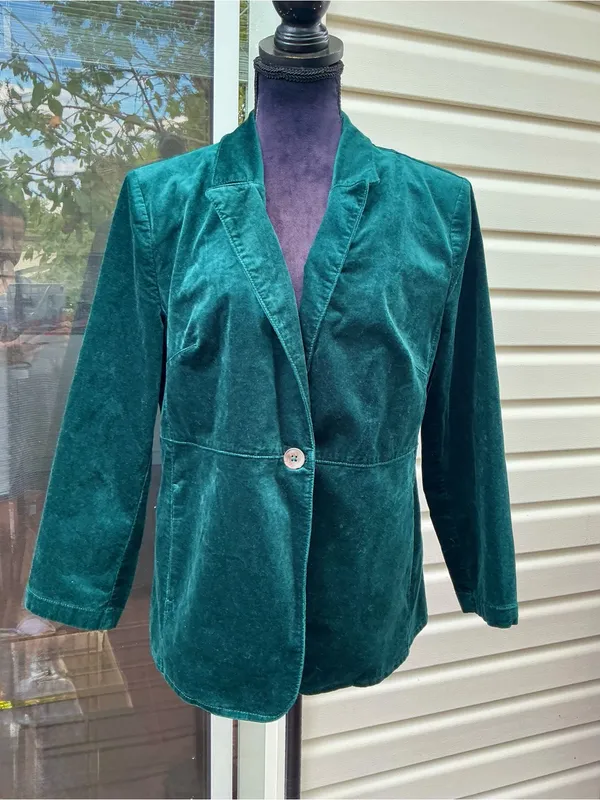 Women's Velvet Single-Button Blazer Jacket - Deep Teal Green - Image 6