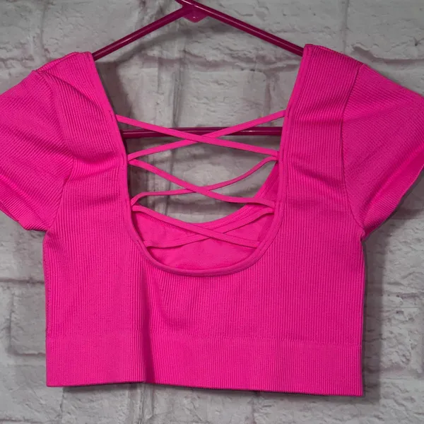 Aerie Medium Pink Ribbed Criss-Cross Back Crop Top - Image 5