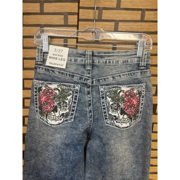 Telepatia‎ Mid Rise Wide Leg Skull Blingy Pocket Jeans SIze 5/27 - Image 2