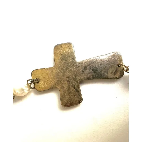 Silver and gold tone fresh water pearl long cross necklace - Image 3