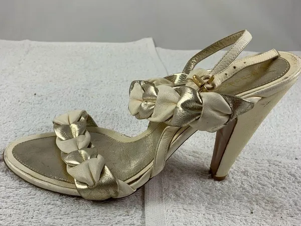Bcbg maxazria White Gold braided peep toe heels - Image 2