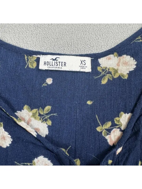 Hollister Women Navy Floral Lace-Up Long Sleeve Babydoll Blouse XS Boho - Image 3
