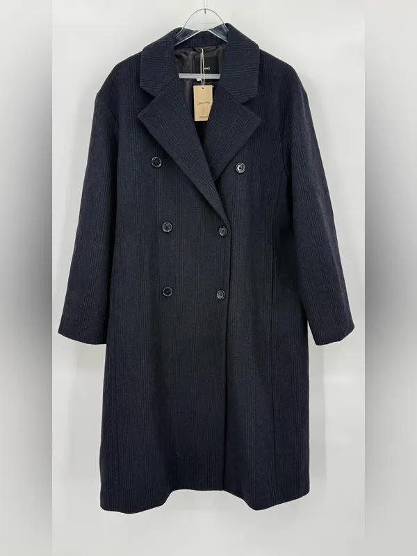 MANGO Double Breasted Pinstripe Long Wool Blend Coat Navy Dark Grey Women’s XXL - Image 4
