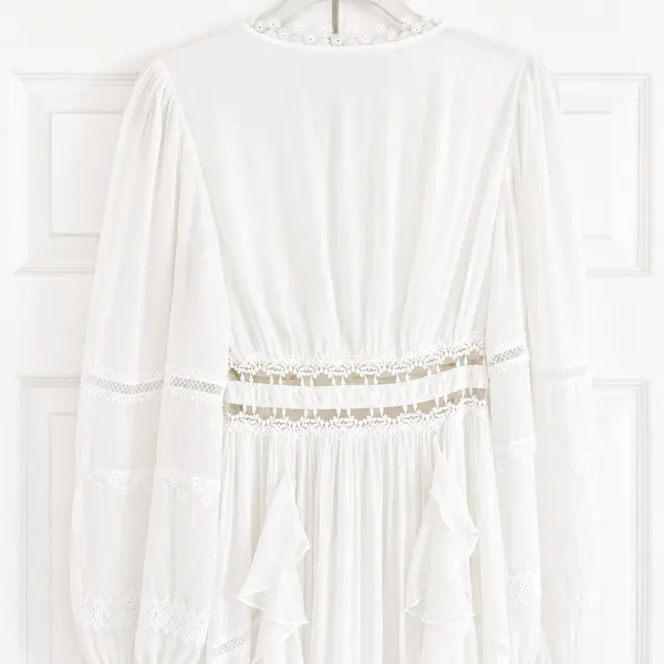 Rococo Sand Mia‎ Long-Sleeve Ruffled Maxi Dress White Lace V-Neck Boho Resort XS - Image 11