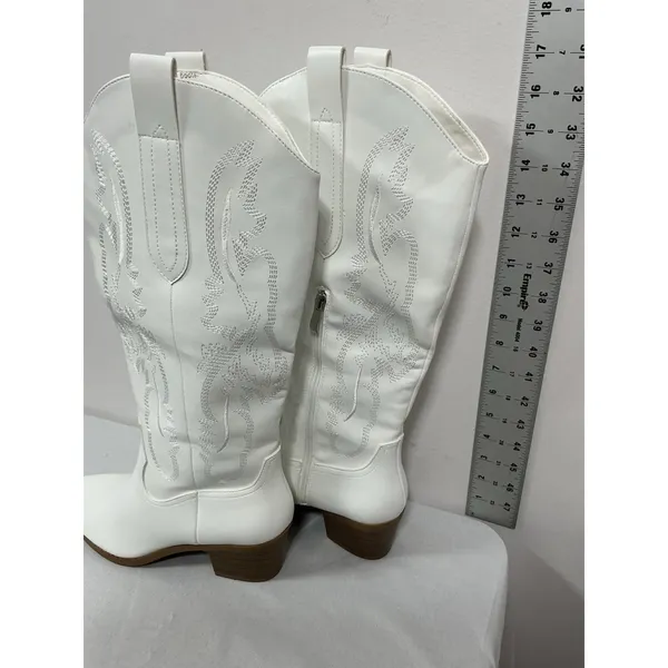 Womans Fran Willot Knee High Cowgirl Boots 9 White Embroidered Heel 1/2 Zip - Image 3