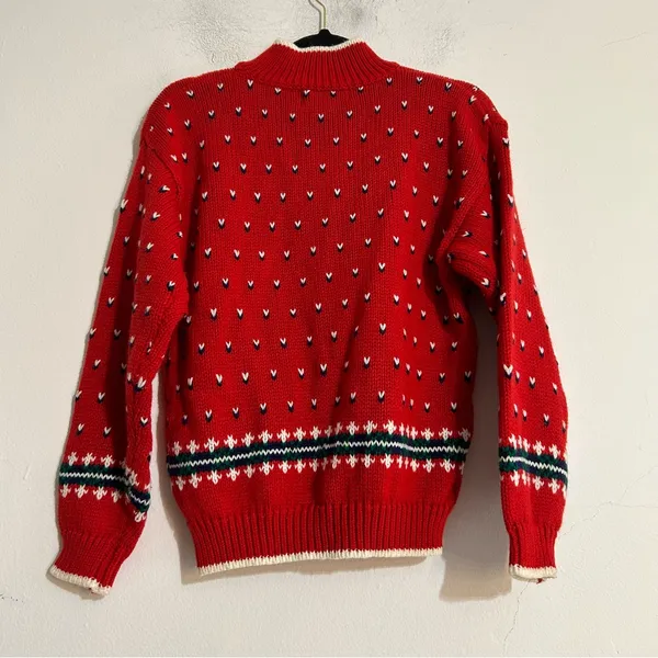 Vintage Red Knit Geometric Fair Isle Mock Neck Sweater Ski Nordic Winter - Image 7