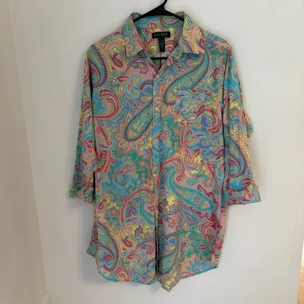 Lauren Ralph Lauren Women's Paisley Button Shirt Blouse Teal Pink Yellow Medium - Image 2