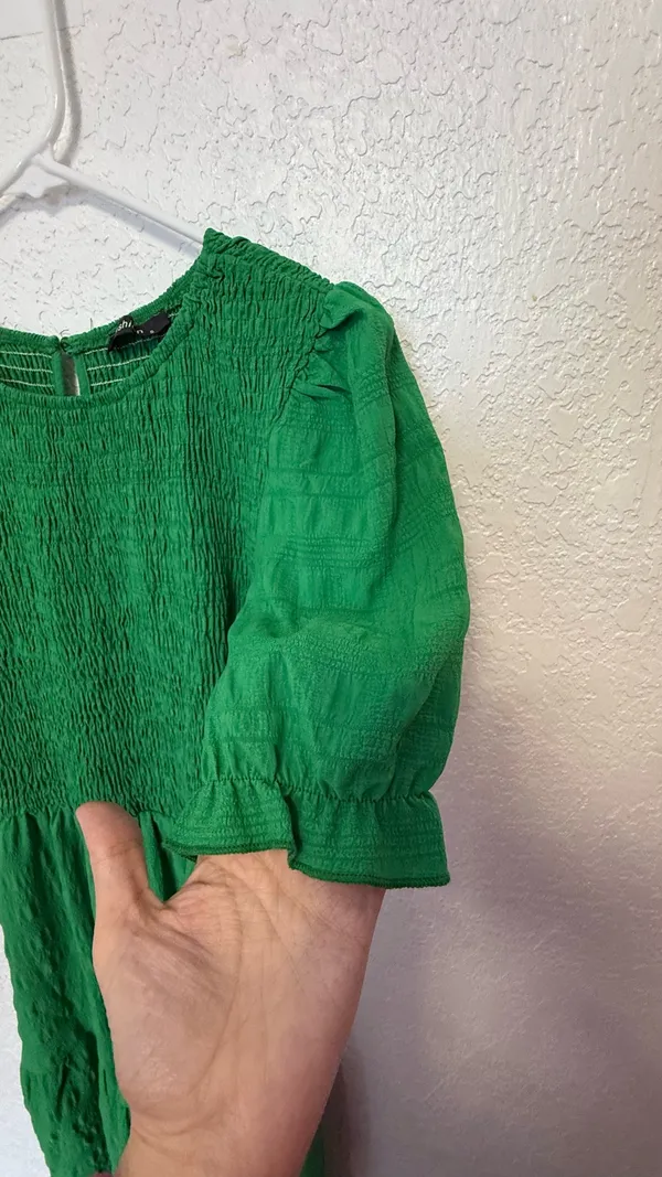 Boho Green Smocked Maxi Dress - Puff Sleeve Tiered Long Dress - Size S - Image 10