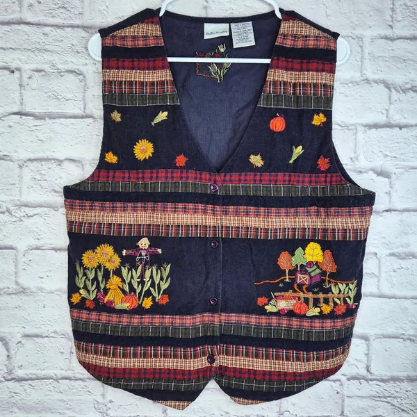 Vintage Bobbie Brooks Fall Corduroy Vest Embroidered Scarecrow Barn Patchwork L - Image 6