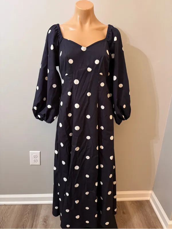 Free Assembly Cotton Polka Dot Maxi Dress Navy Blue White Walmart Small - Image 2