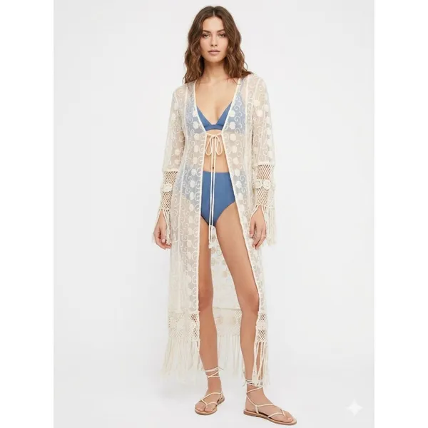 Band of Gypsies Cream Ivory Sheer Crochet Fringe Open Front Boho Duster M - Image 6