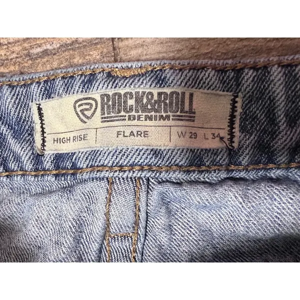 Rock & Roll‎ Denim High Rise Flare Distressed Light Wash Jeans 29x34 Split Hem - Image 4