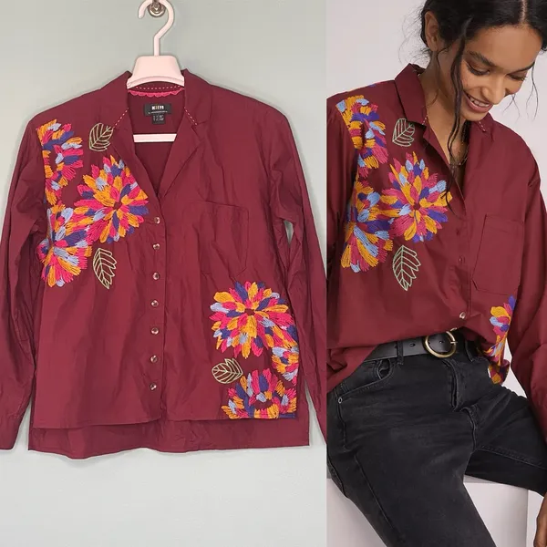 Maeve Anthropologie Burgundy Embroidered Button Down Shirt Size 2 - Image 2