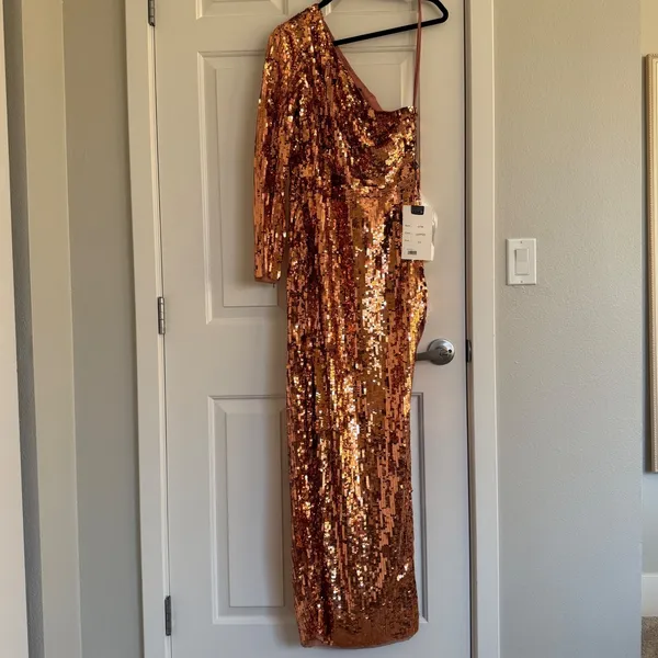 Mac Duggal 10788‎ One Sleeve High Slit Sequined Dress - Size 10 - Copper - NWT - Image 6
