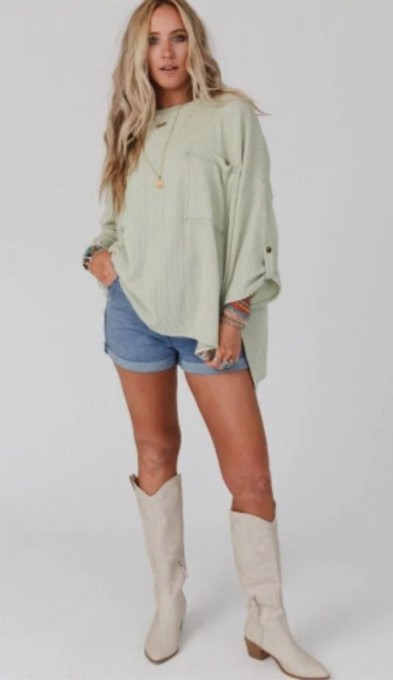NEW Pale Green Ribbed Oversized Slouchy Roll Tab Sleeve Top Size Small - Image 5