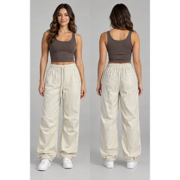 Hollister Parachute Baggy Pants Women XS Cream Adjustable Rise Cinch Hem 8479 - Image 2