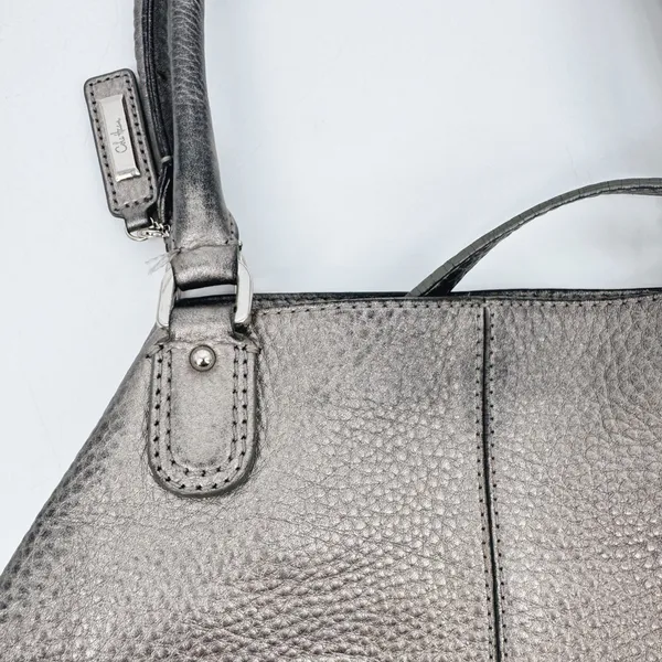 Cole Haan XL‎ Silver Pebbled Leather Satchel Hobo Shoulder Bag Crossbody Strap - Image 3