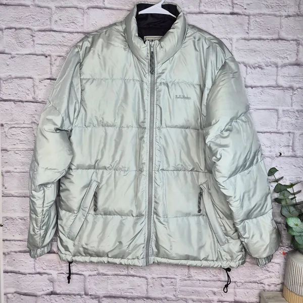 LL Bean Womens Large Goose Down Puffer Jacket Coat Vintage Silver Metallic Gray - Image 2