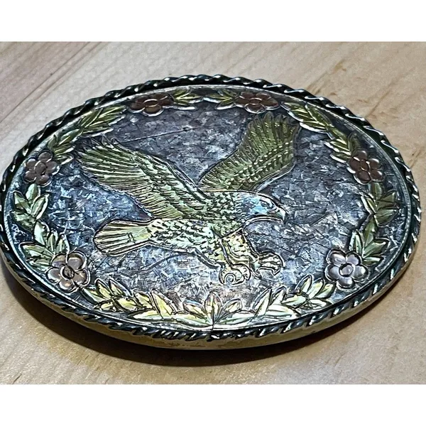 Vintage Eagle Belt Buckle Made In USA Mixed Metal Silver Gold Copper Oval - Image 3