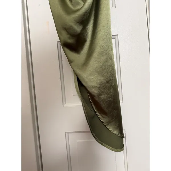 Club L London Olive Green Satin Cowl Neck Ruched Asymmetrical Midi Dress size 10 - Image 9