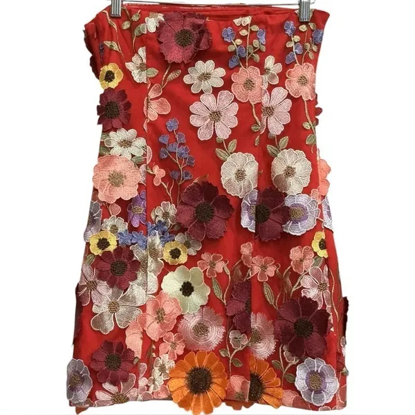 Anthropologie Endless Rose 3D Flowers Floral Embroidered‎ Red Mini Dress S - Image 5