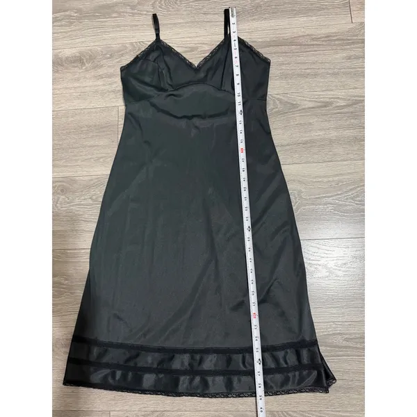 Vintage 90s Black Lace Trim Full Slip Dress S Adjustable Straps Midi Length - Image 7