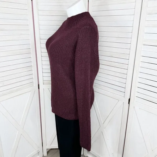 Dip Open Crew Neck Ribbed‎ Knit Wool Blend Sweater Burgundy Red Large - Image 2