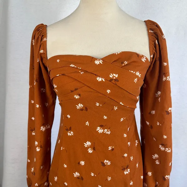 Abercrombie Fitch Rust Brown Floral‎ Sweetheart Neck Puff Sleeve MiniDress Small - Image 4