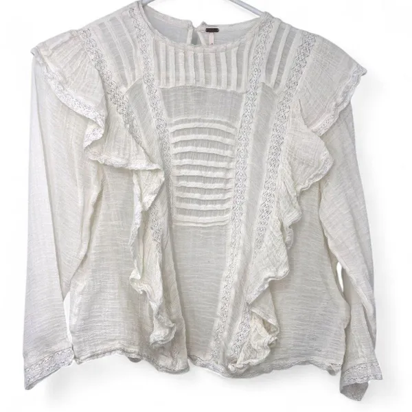 FREE PEOPLE | S| Jasmine Ruffle Blouse Top Gauzy Semi Sheer White Women's - Image 2