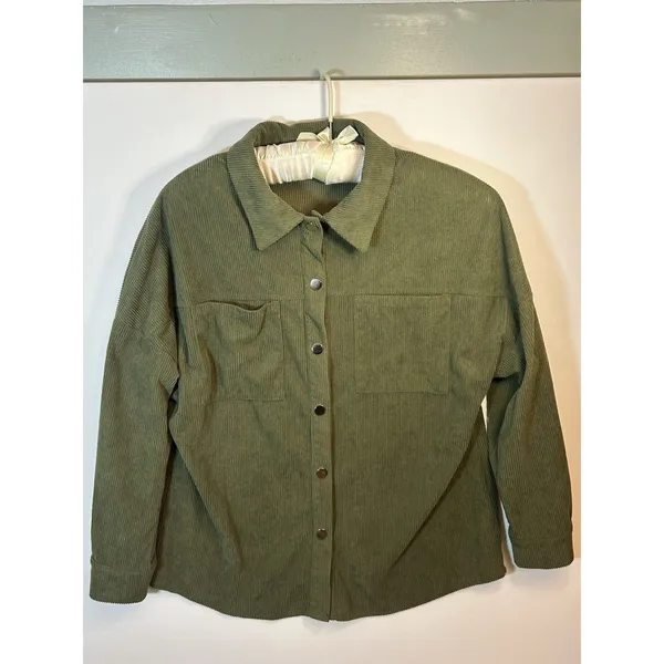 PrettyGarden Chic Women’s Medium Olive Green Corduroy Shacket Snap Front Pockets - Image 13