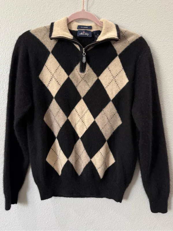 Allen Solly 100% Cashmere Argyle Quarter Zip Sweater Mens Quiet Luxury Old Money - Image 2