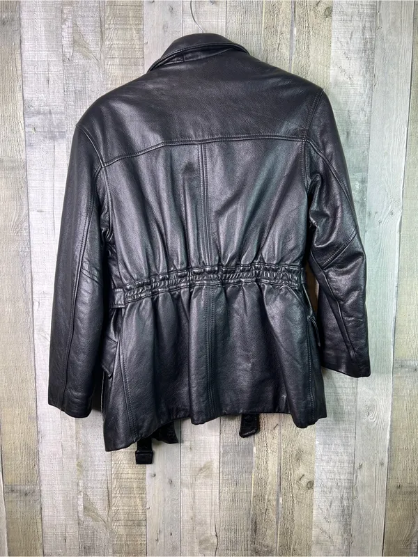 Tannery West Vintage Large Lined Black Leather Belted Jacket (Flawed-NO BUTTONS) - Image 2