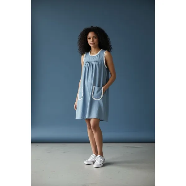 Tuckernuck Chambray Lotte Blue Dress Lace Trim S pockets‎ cottagecore cover-up - Image 2