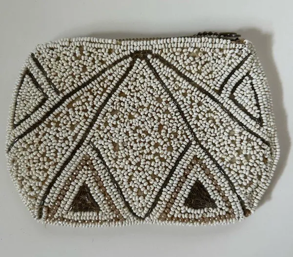 Vintage Beaded Clutch in Cream and Brown - Image 2