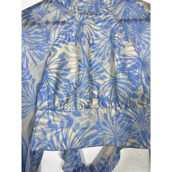 Amanda Uprichard Sheer Floral Cropped Tie Blouse Open Back Mock Neck Blue S - Image 7