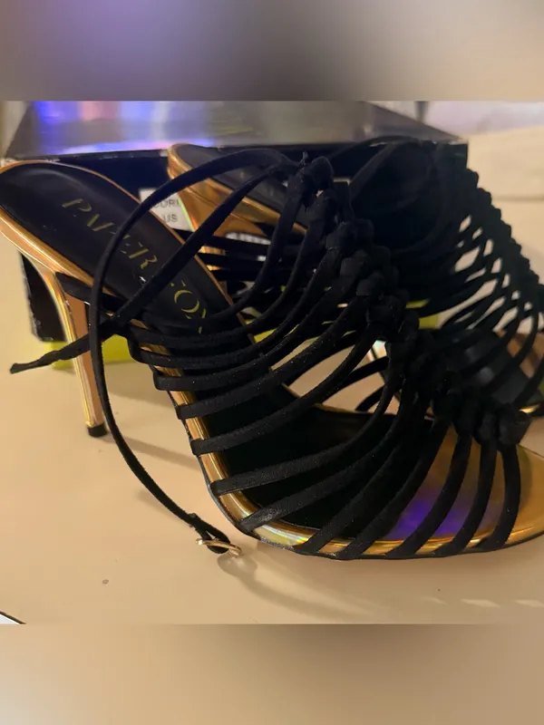 Piper Black Strappy Heels with Iridescent Gold Trim - Image 2