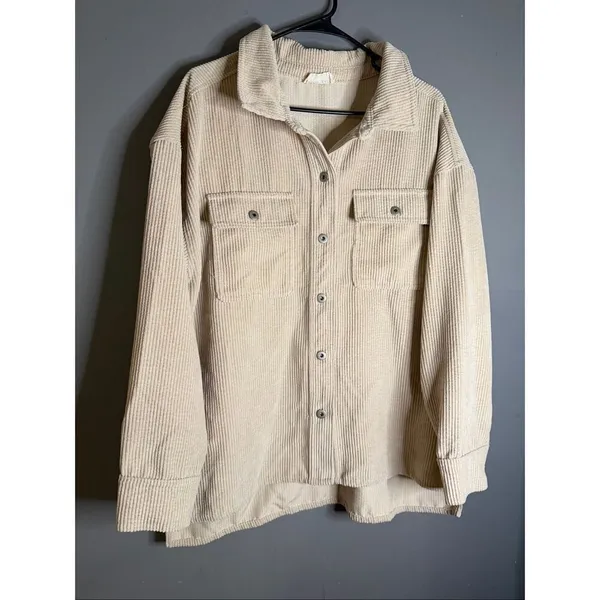 New In Boutique Cream Beige Button Up Corduroy Shacket Size Large - Image 2