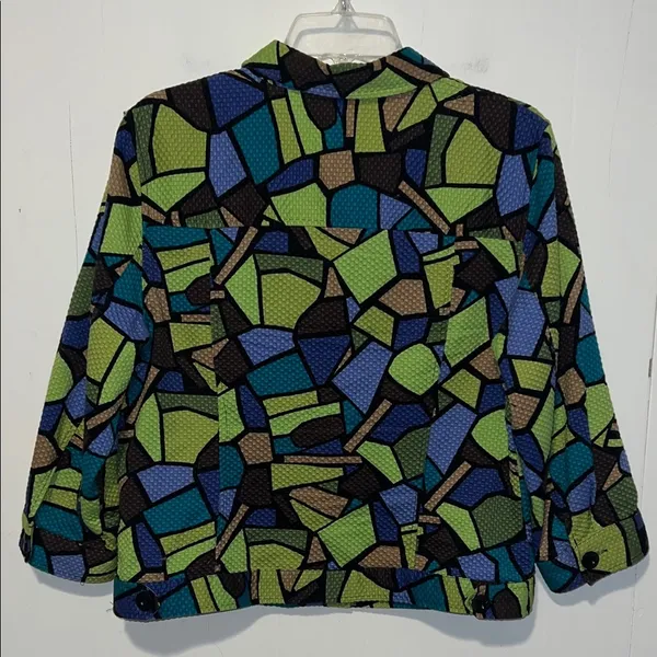 Linear Multicolored Geometric Pattern Lightweight Button Up Jacket 071426 Green Size M - Image 3