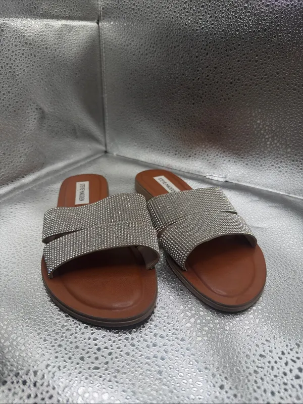 Steve Madden Brown Footbed Silver Crystal Double-Strap Slide Sandals - Image 2