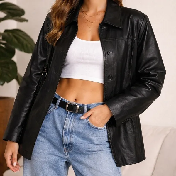 Vintage Bagatelle Leather Jacket Women's Button Front Minimalist 90s Black Sz L‎ - Image 2
