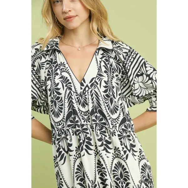 Umgee Two tone Border Print Midi Dress - Cream - Medium - Image 5