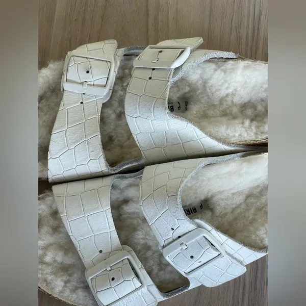 Birkenstock White Shearling-Lined Slide Sandals - Image 9