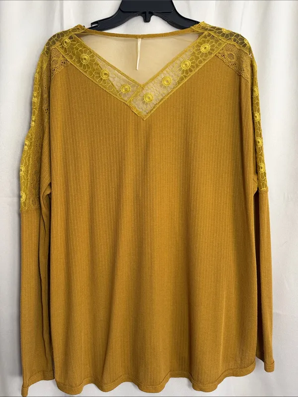 Free People Lola Lace Trim V-Neck Top Alchemy Mustard Yellow Large - Image 3