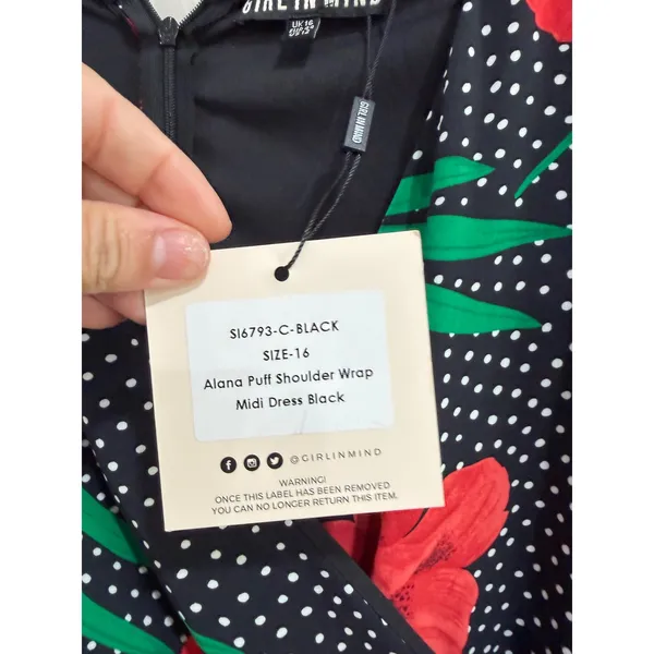 Girl In Mind Alana Puff Shoulder Midi Dress Black Red‎ Floral Polka Dot US 12 - Image 7