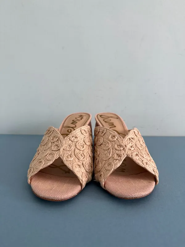 Sam‎ Edelman Sareen Seashell Pink Woven Raffia Block Heel Mule Sandals - Image 3