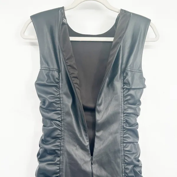 Zara Womens Black Ruched Faux Leather Edgy Grunge Moto Bodycon Mini Dress Size S - Image 5